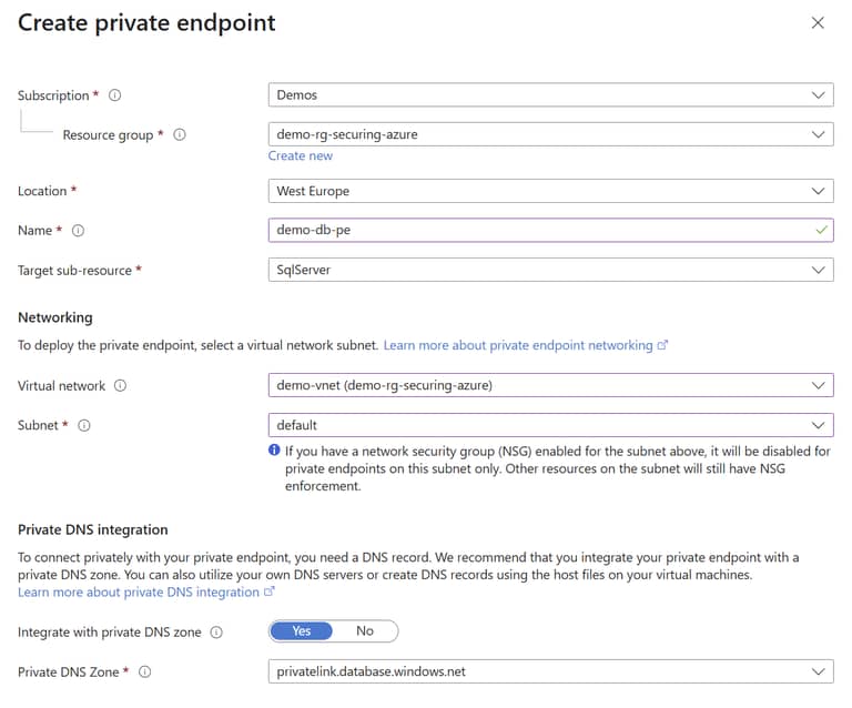 Azure SQL Database Create Private Endpoint Options
