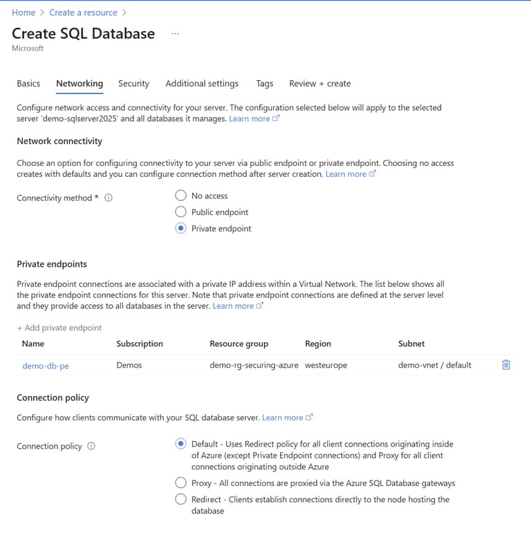 Azure SQL Database Networking Options