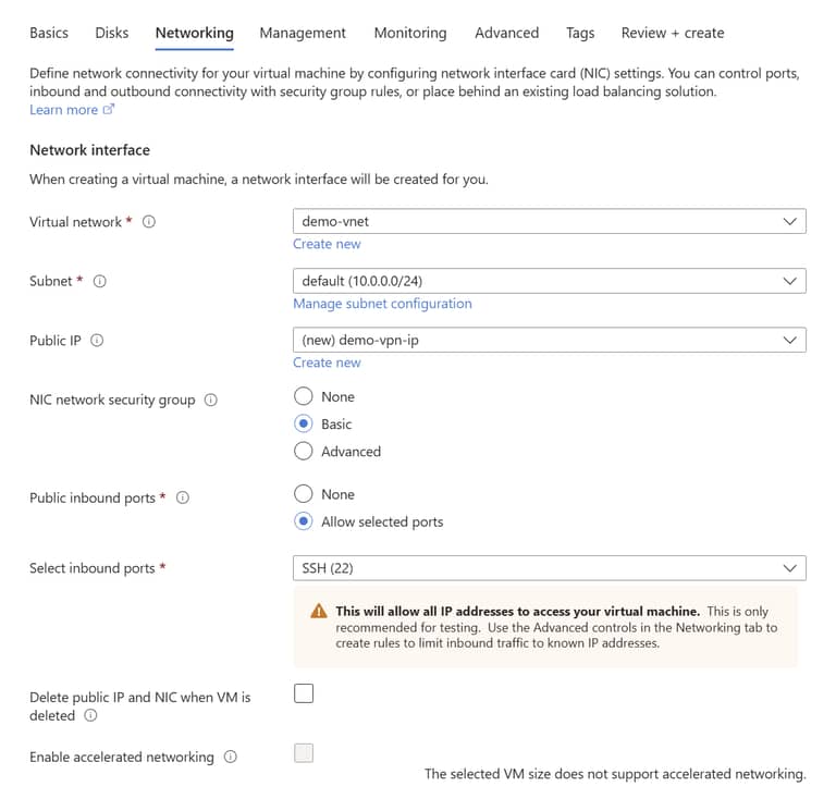 Azure VM Networking Tab