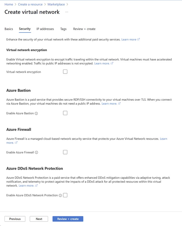 Azure vnet Security Tab