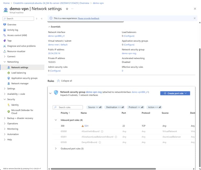 Azure VM Network Settings Tab
