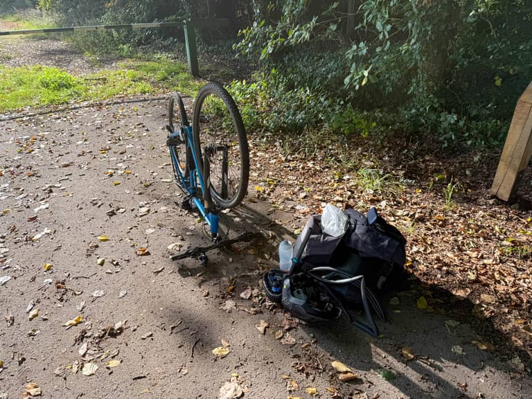 Repairing a bike tyre on the Belgium–France border